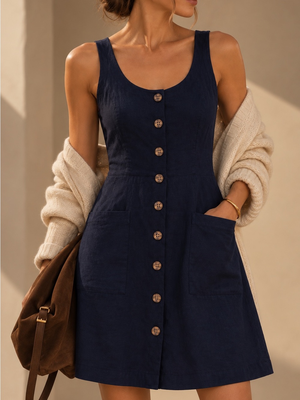 LOFT Navy Linen Blend Button Front Pocket Dress Size 6 NWT